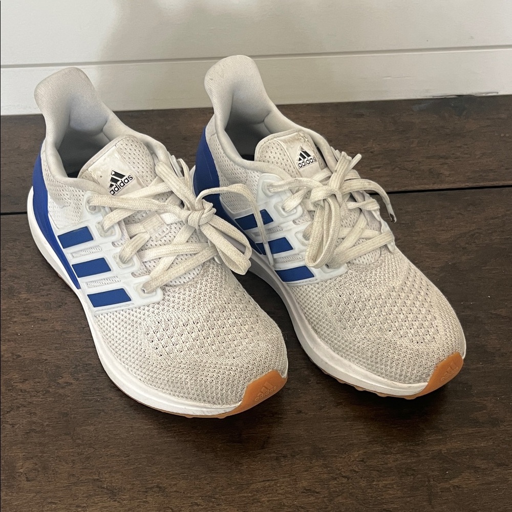 adidas White and Blue Knit Running Sneakers